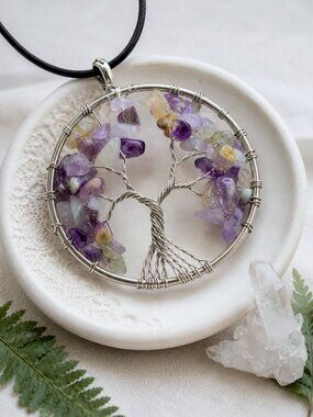Amethyst Tree of Life Pendant Necklace Silver Plated Cottagecore Adj 17"
